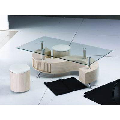 'S' Shape Glass Top Beech Coffee Table With Storage